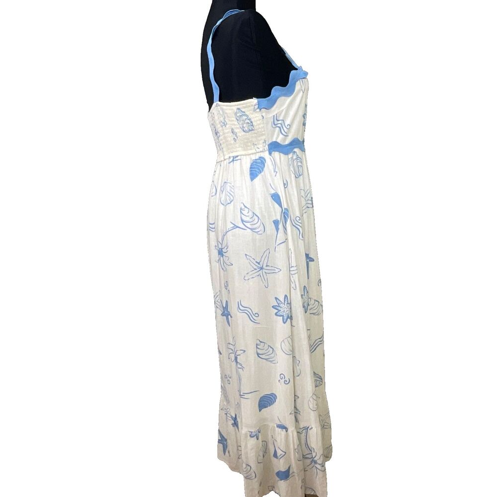 Anthropologie By The River Tiered Midi Dress Size Small Blue shells white smock - Picture 2 of 11